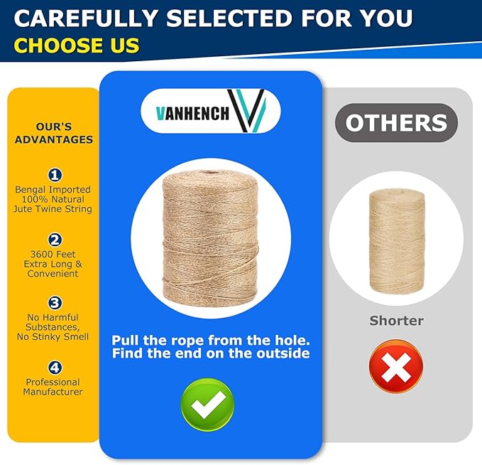 Vanhench 3600Feet Natural Jute Twine String, Bulk Hemp Jute Rope Cord Twine for Crafts Gardening, Gift Wrapping, Arts & Crafts, Wedding Décor, Packing Material Burlap Ribbon