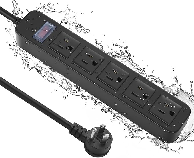 Outdoor Power Strip Waterproof with 5 Outlets, Garden Weatherproof Surge Protector, Christmas Multiple Outlet Exterior Socket for Lighting Appliances. 15FT Extension Cord Strip with Flat Plug. Black