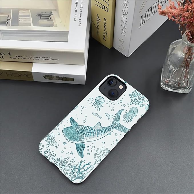 for iPhone 13/14 Case,HH2 Ocean Whale Shark Hybrid 2 Layer Hard Shell Silicone Protective Pattern Design Case