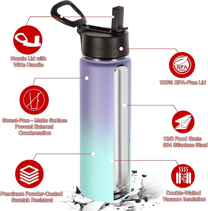 Volhoply 24oz Insulated Water Bottle With Straw Bulk 3 Pack,Metal Wide Mouth Water Bottles With Handle Keep Cold,Reusable Double Wall Cups,Powder Coated Sport Bottle For Holder(Purple Blue,3 Count)