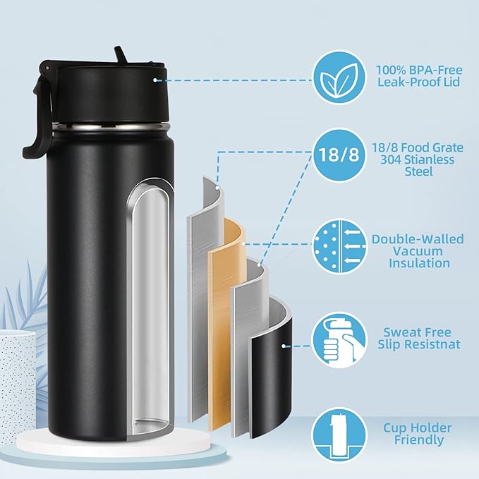 Volhoply 18oz Insulated Water Bottle Bulk 8 Pack,Kids Stainless Steel Water Bottles with Straw Lid,Wide Mouth Reusable Metal Bottle,Double Wall Vacuum Sports Flask For Cold Drink(Black,8 Set)