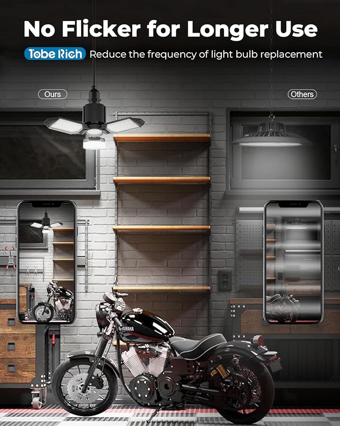 toberich LED Garage Light Bulbs 6 Pack, 8000LM Shop Lights with 3+1 Deformable Panels, 6500K Screw in Ceiling Lights for Garage, Workshop, Workbench, Basement