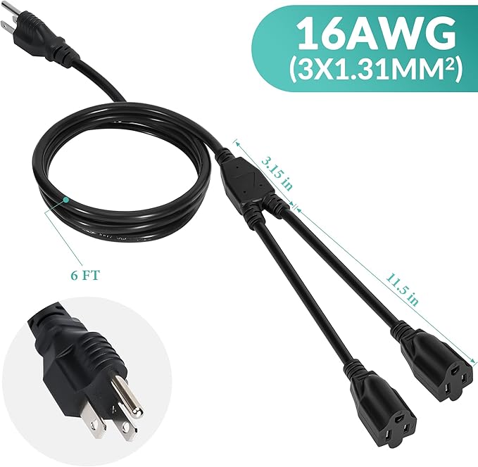 2 Way Power Cord Splitter Cable 6 Ft-3 Prong 1 to 2 Extension Cord-Outlet Saver-Elecan Male to Female Y Splitter Power Extension Cable Strip–UL Certified SJTW 16 Gauge 13 A/125 V–Black