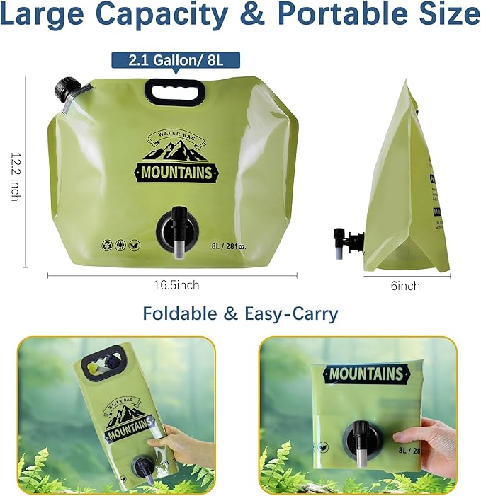 Water Jug Camping 2.1 Gallon Collapsible with Spigot, BPA Free Portable Water Pouch Foldable Water Bags for Outdoor Hiking, Travel and Emergency & Water Storage Containers (Green-2Pcs)