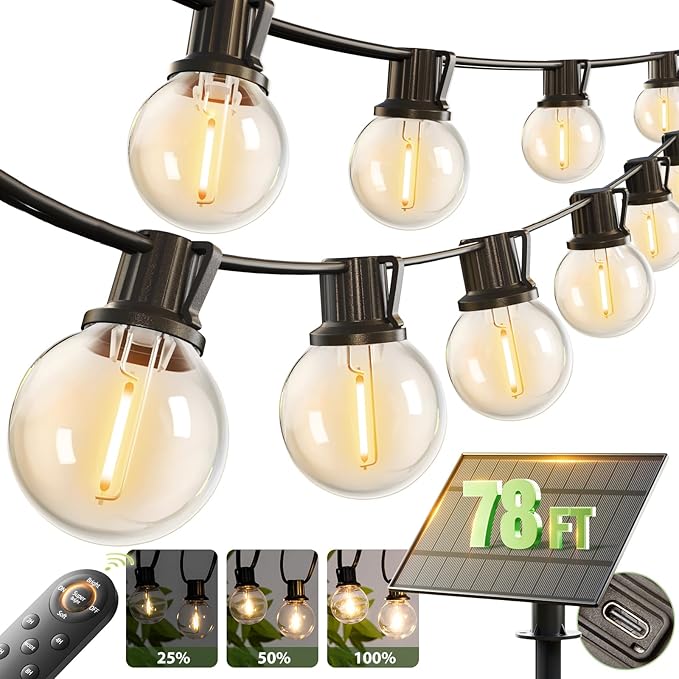 addlon 78FT(72+6) Solar String Lights with Remote, 38 Shatterproof G40 Bulbs, Commercial Grade Solar Powered Outdoor Lights, Dimmable Waterproof Solar Lights Outdoor, for Outside Porch Backyard House