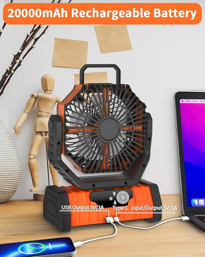 ADUST Camping Fan - 20000mAh Battery Powered Fan Battery Operated Rechargeable Portable Outdoor Tent Fans with Hanging Hook, Cordless, 4 Speeds, Remote Control - Orange