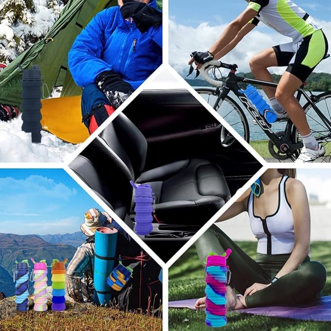 Collapsible Silicone Water Bottles 2 Pack - 500ml Portable Expandable Sport Bottle with Carabiner for Travel & Camping (Yellow Camouflage + Rose Red)
