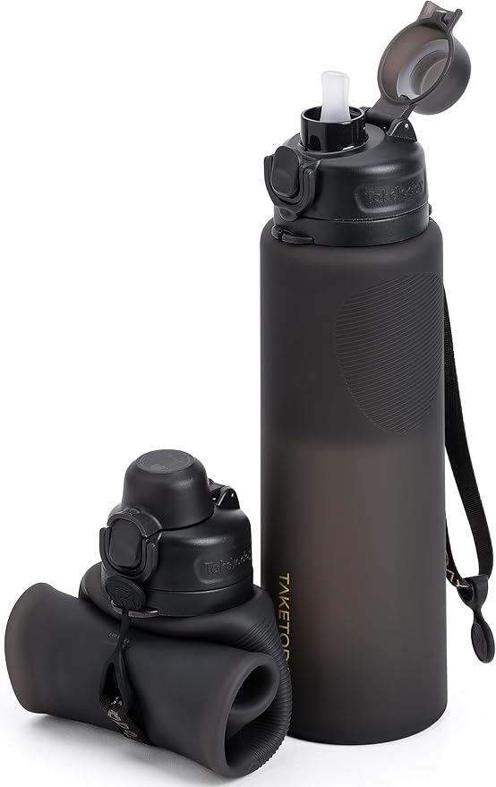TakeToday Collapsible Water Bottles 32oz, Foldable Travel Water Bottle, BPA Free, Silicone Water Bottle Leakproof for Hiking, International Travel, Outdoors