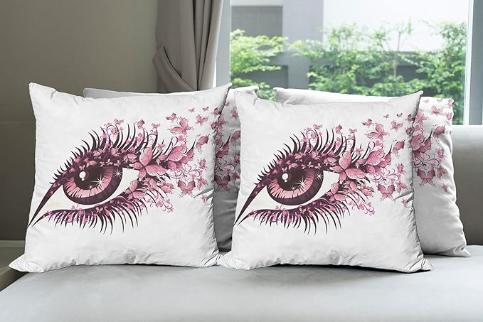 Ambesonne Butterflies Throw Pillow Cushion Case Pack of 4, Female Eye Eyelashes Mascara Stare Party Makeup Animal Print, Modern Accent Double-Sided Digital Printing, 20", Pink White