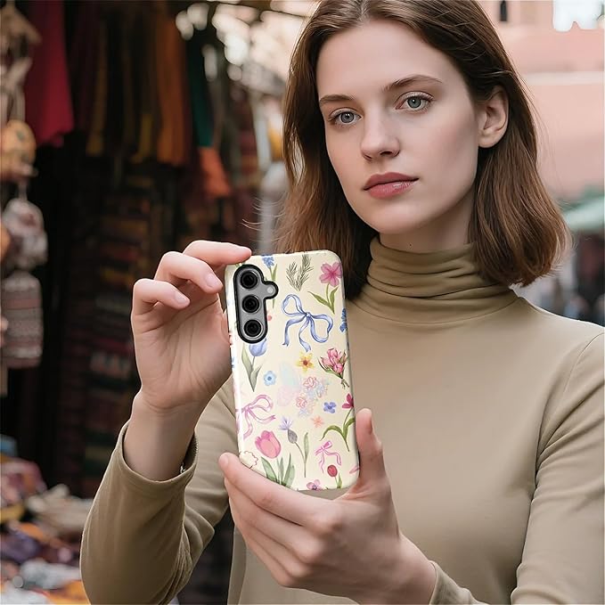for Samsung Galaxy S24 Case,HL2 Aesthetic Flower Preppy Collage Hybrid 2 Layer Hard Shell Silicone Protective Pattern Design Case