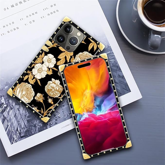 Compatible with iPhone 15 Pro Max Case, Blooming Rose Golden Flower Luxury Golden Decoration for Girl Women Soft TPU Shockproof Protective Hard PC Back for iPhone 15 Pro Max