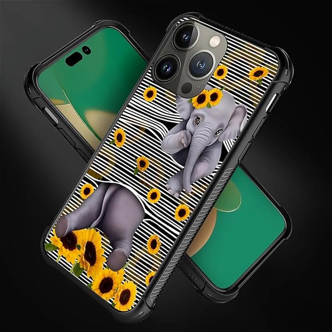 for iPhone 13 Pro Case, Cute Little Elephant Sunflower White Line Art Pattern Graphic Design Girl Boy Soft Silicone Hard Acrylic Shock Protection for iPhone 13 Pro