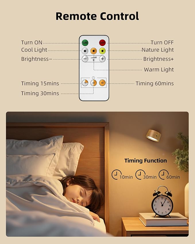 LED Wall Mounted Lights, Rechargeable Wall Sconce Lamps, 3 Color Temps & Remote and Touch, 360° Rotation Dimmable Cordless Wall Light for Study Bedroom Reading Bedside (Wood, 1 Pack)