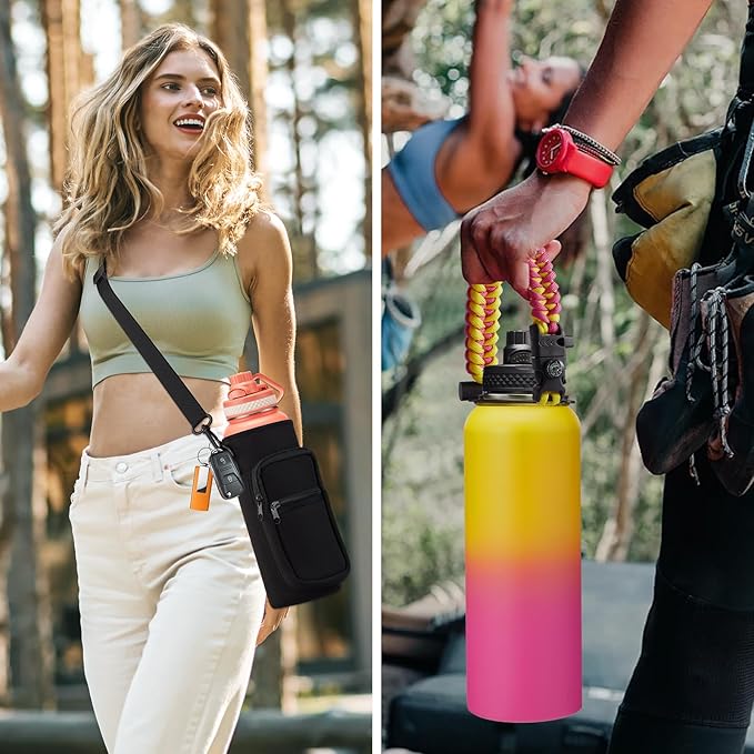Insulated Water Bottle with Straw - 40 oz Triple Walled Water Bottle with Strap Carrier Bag, Flip Top Lid, Paracord Handle, Protective Cup Mat, Sweat-proof Metal Waterbottle for Sport, Gym, Workout