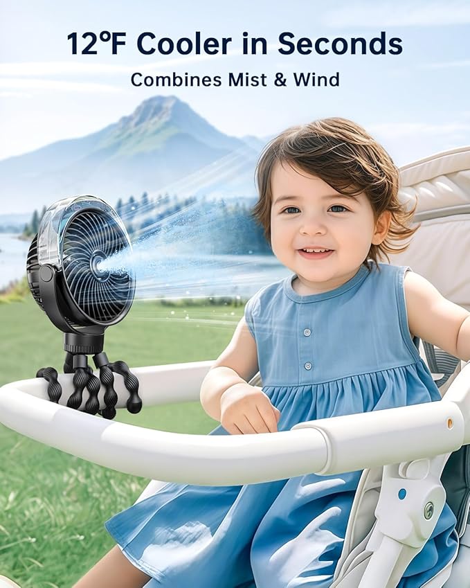 SWEETFULL Misting Stroller Fan – Portable Baby Fan with Spray Cooling, 4 Speeds, Quiet Rechargeable Fans for Travel, Outdoor, Golf Cart, Car Seat, Beach (Black)