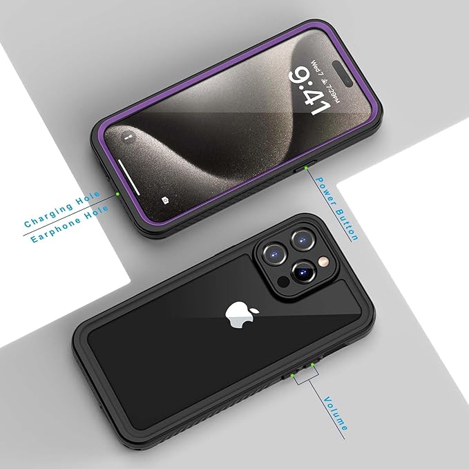 Lanhiem for iPhone 15 Pro Max Case, IP68 Waterproof Dustproof Shockproof Cases with Built-in Screen Protector, 360 Full Body Heavy Duty Rugged Phone Cover for iPhone 15 Pro Max - 6.7 inch (Purple)
