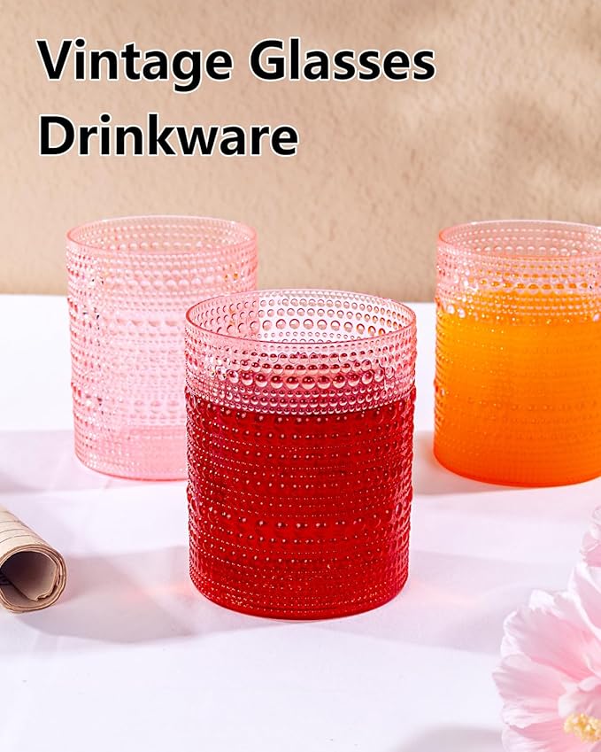 YOUBET 24PCS Plastic Drinking Glasses - 14OZ Pink Hobnail Drinkware Glasses - Vintage Glassware Textured Beaded Cups for Water, Beer, Whiskey, Juice and Various Mixed Drinks Mothers Day