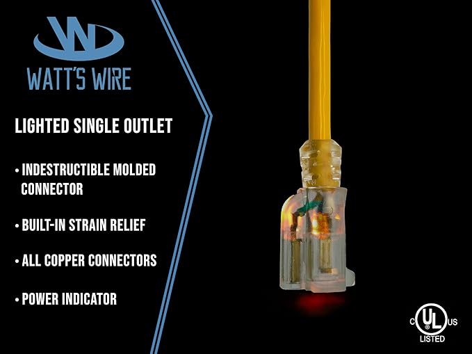 6 ft Short Outdoor Extension Cord Waterproof - 12 Gauge Heavy Duty Extension Cord 6 ft - Lighted Outdoor Extension Cords - Watts Wire - 6' Grounded
