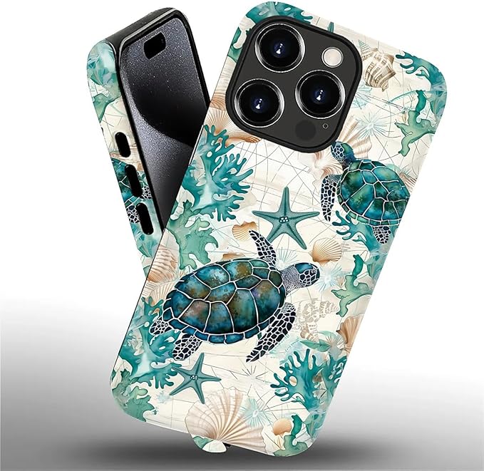 for iPhone 16 Pro Max Case,HH2 Ocean Sea Turtle Nautical Map Hybrid 2 Layer Hard Shell Silicone Protective Pattern Design Case