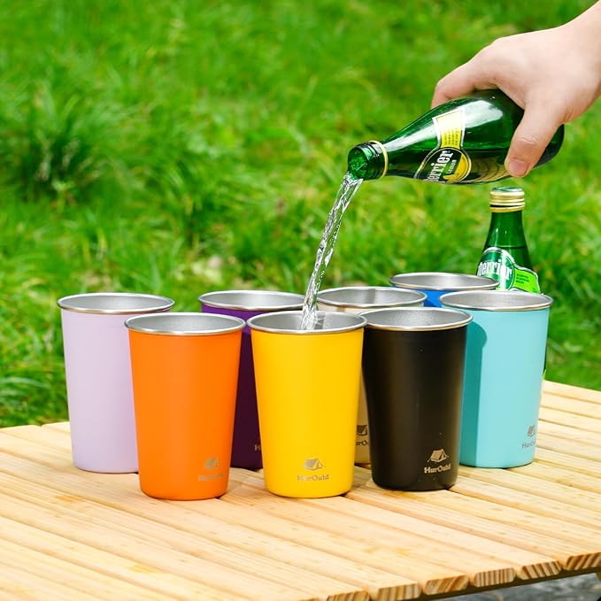 8 Pack Stainless Steel Cups 16oz - Colorful Stackable Metal Drinking Glasses for Camping, Travel, Shatterproof Tumblers