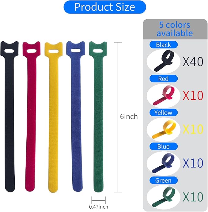 80 PCS 6 Inches Multi-Colour Reusable Cable Ties Cord Straps Multi-Purpose Wire Ties Cord Wrap Hook and Loop Organizer Cable Management,Adjustable Cord Ties for Organizing Home,Office,Data Centers