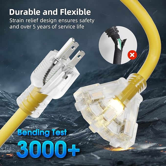 50 FT Outdoor Extension Cord with Multiple Outlets, 12 Gauge Heavy Duty Yellow Extension Cord Waterproof with 3 Outlet, 3 Prong Power Cord for Garden and Home Use Indicator Light, ETL Listed