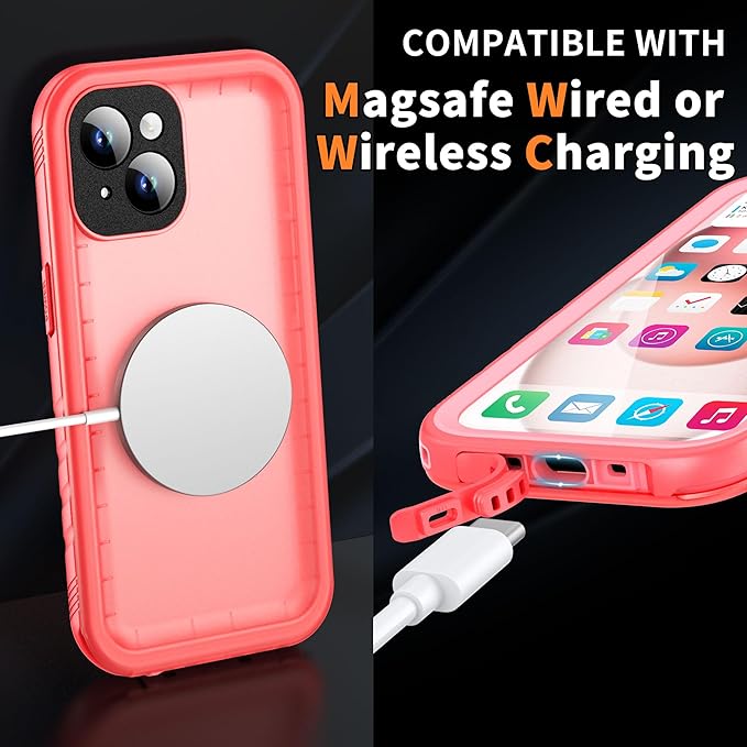 Cozycase for iPhone 15 Waterproof Shockproof Dustproof Case - Heavy Duty/360 Full Body/Military Grade/Protective/Rugged 【8FT Drop Proof】 Built in Screen/Camera Protector with Lanyard Pink