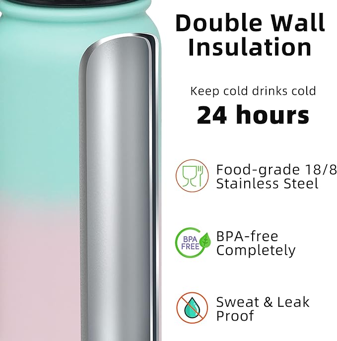 Fanhaw 20 oz Insulated Stainless Steel Water Bottle with Anti-Dust Chug Lid & Carabiner Lid, Leakproof Vacuum Metal Bottle for Kids, Women & Men (Green Pink)