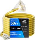 50 FT Outdoor Extension Cord with Multiple Outlets, 12 Gauge Heavy Duty Yellow Extension Cord Waterproof with 3 Outlet, 3 Prong Power Cord for Garden and Home Use Indicator Light, ETL Listed
