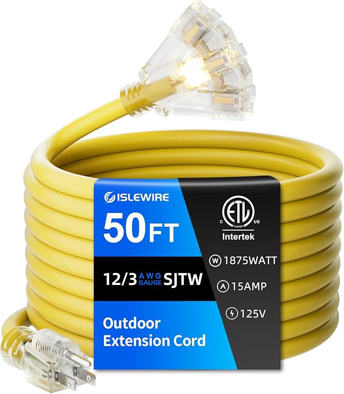 50 FT Outdoor Extension Cord with Multiple Outlets, 12 Gauge Heavy Duty Yellow Extension Cord Waterproof with 3 Outlet, 3 Prong Power Cord for Garden and Home Use Indicator Light, ETL Listed