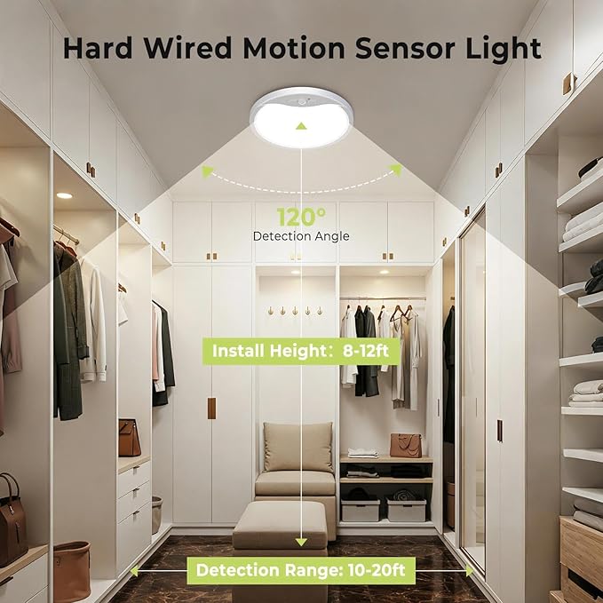 hepside 2 Pack Motion Sensor Ceiling Light Wired, 3000K/4000K/6500K LED Flush Mount Ceiling Light Fixture, 12Inch 24W Motion Sensor Light with Timer for Closet Stair Porch Hallway Pantry,White