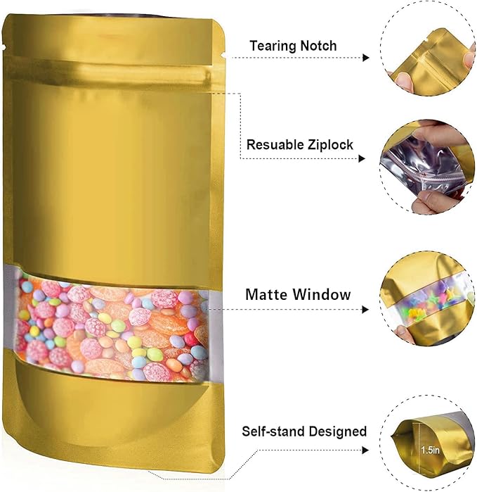 6.3"x9.5" 120pcs Mylar Bags for Food Storage,Smell Proof Bag with Matte Window Resealable Food Storage Bags for Small Business, Stand-up Foil Pouch Packaging Freeze Dried Candy Bag(Gold)
