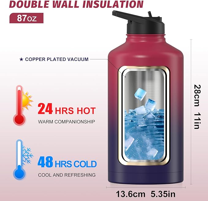 87oz Insulated Water Bottle (Cold for 48 Hrs),BPA Free&Leak Proof,1.5 Gallon Stainless Steel Water Flask,Water Jug with Straw Spout Lids for Gym,Hiking,Camping,Red Purple