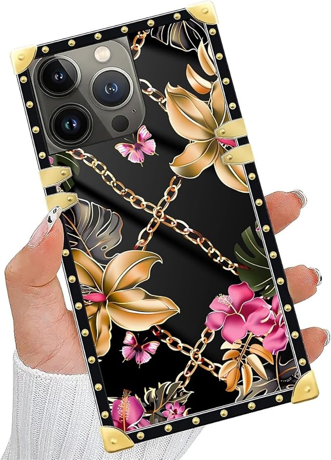 Compatible with iPhone 14 Pro Case, Pink Golden Chain Tropical Flower Luxury Golden Decoration for Girl Women Soft TPU Shockproof Protective Hard PC Back for iPhone 14 Pro