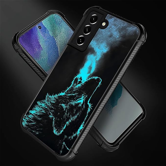 for Samsung Galaxy S21 FE Case, Blue Breathing Wolf Pattern Graphic Design Girl Boy Soft Silicone Hard Acrylic Shock Protection for Samsung Galaxy S21 FE
