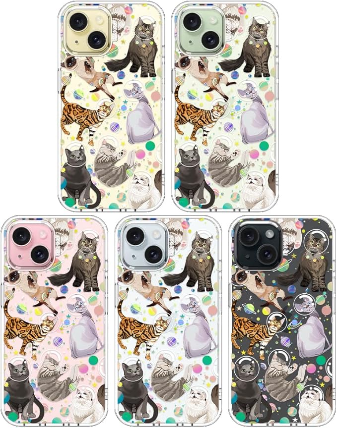 MOSNOVO Case for iPhone 15, [Buffertech 6.6ft Military-Grade Drop Protection] [Anti Peel Off Tech] Clear TPU Bumper Phone Case Cover Design - Space Cat