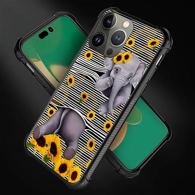 for iPhone 11 Pro Max Case, Cute Little Elephant Sunflower White Line Art Pattern Graphic Design Girl Boy Soft Silicone Hard Acrylic Shock Protection for iPhone 11 Pro Max