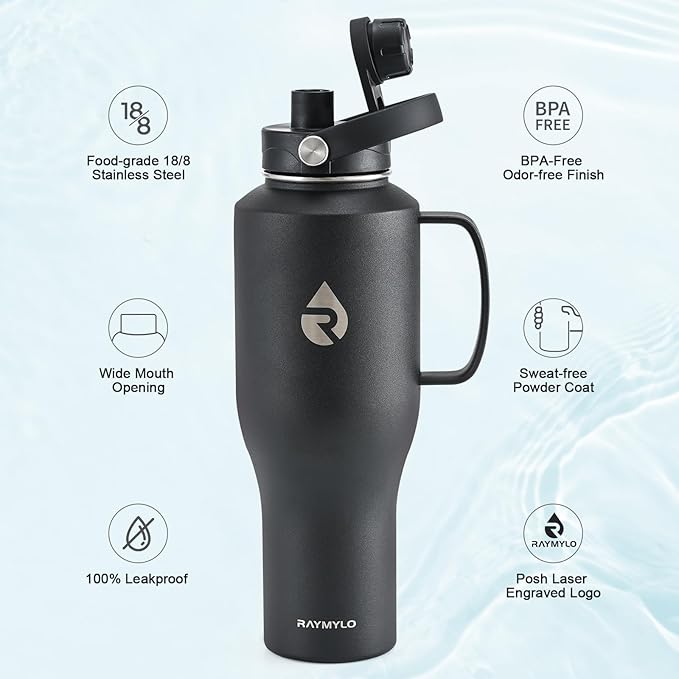 RAYMYLO Insulated Water Bottle 40oz (Cold for 48 Hrs), Stainless Steel Water Bottle with Handle & Straw Lid & Paracord Handle, Triple Wall Vacuum Leakproof Travel Flask, Fit in Any Car Cup Holder