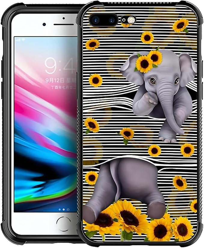 for iPhone 7/8 Case, Cute Little Elephant Sunflower White Line Art Pattern Made of Soft Silicone Hard Acrylic Shock Protection for iPhone 7/8