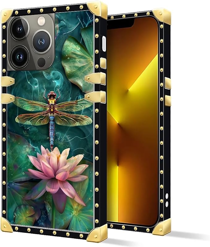 Compatible with iPhone 13 Pro Case, Colourful Dragonfly Pink Lily Pads Luxury Golden Decoration for Girl Women Soft TPU Shockproof Protective Hard PC Back for iPhone 13 Pro