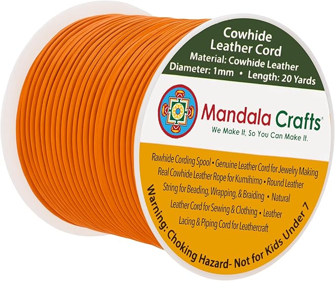 Mandala Crafts Round Genuine Orange Leather Cord for Jewelry Making – 1mm Cowhide Leather Rope String Lace for Kumihimo – 20 Yards Cowhide Craft Cording Spool