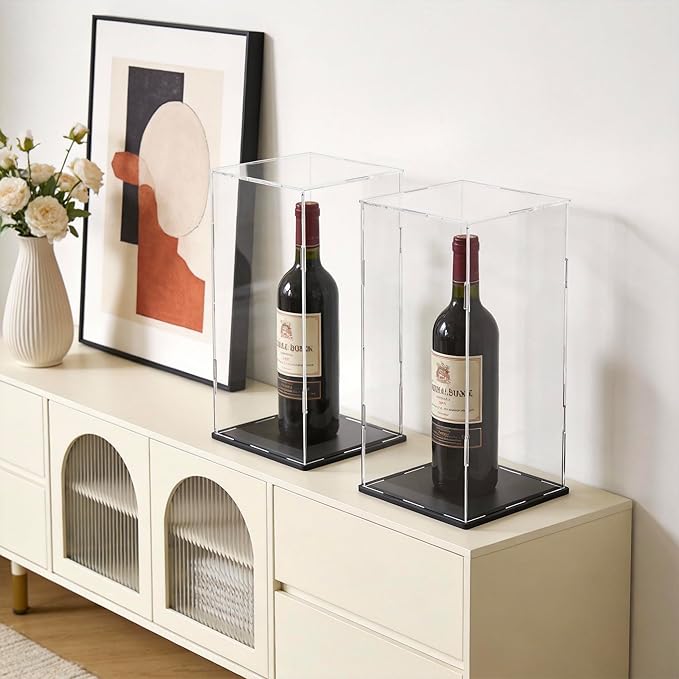 SVENJBB Display Case for Red Vine Bottle, Acrylic Box for Trophy and Toy Figures, Clear Acrylic Display Cases with Matte Black Base for Collection Protection and Storage, 5x5x14 inch