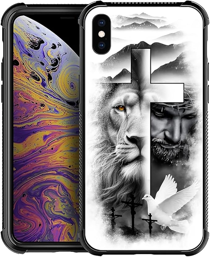 for iPhone Xs Max Case, Lion Cross Jesus Christ Dove Pattern Graphic Design Girl Boy Soft Silicone Hard Acrylic Shock Protection for iPhone Xs Max