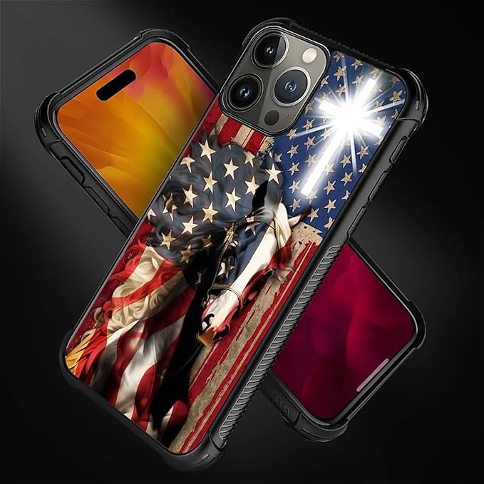 for iPhone 15 Pro Case, Red American Flag Horse Cross Pattern Graphic Design Girl Boy Soft Silicone Hard Acrylic Shock Protection for iPhone 15 Pro