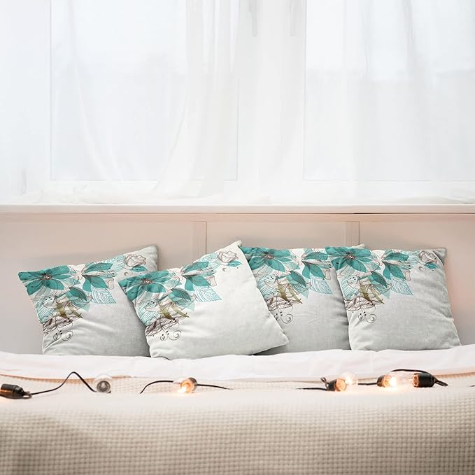 Ambesonne Turquoise Throw Pillow Cushion Case Pack of 4, Flowers Buds Leaf at The top Left Corner Season Celebrating Theme, Modern Accent Double-Sided Digital Printing, 18", Teal Brown