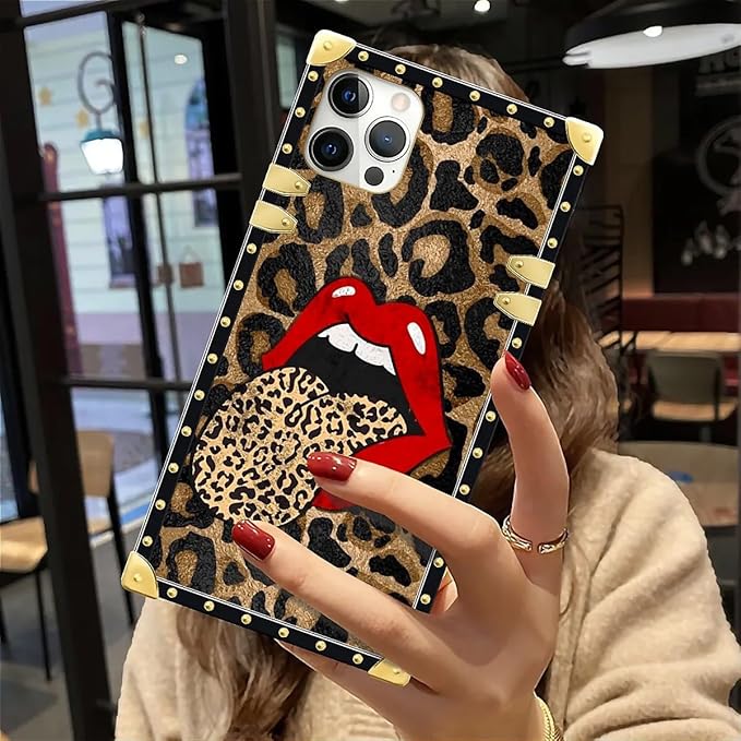 Compatible with iPhone 12 12 Pro Case, Brown Leopard Print Mouth Luxury Golden Decoration for Girl Women Soft TPU Shockproof Protective Hard PC Back for iPhone 12 12 Pro