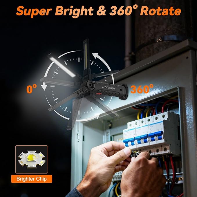 Magnetic Work Light 12Pack, Rechargeable LED Work Light with 360° Rotation, 5 Mode Mechanic Light, Compact Rechargeable Flashlight with Hook for Car Repairing, Emergency, Fathers Day Dad Gifts