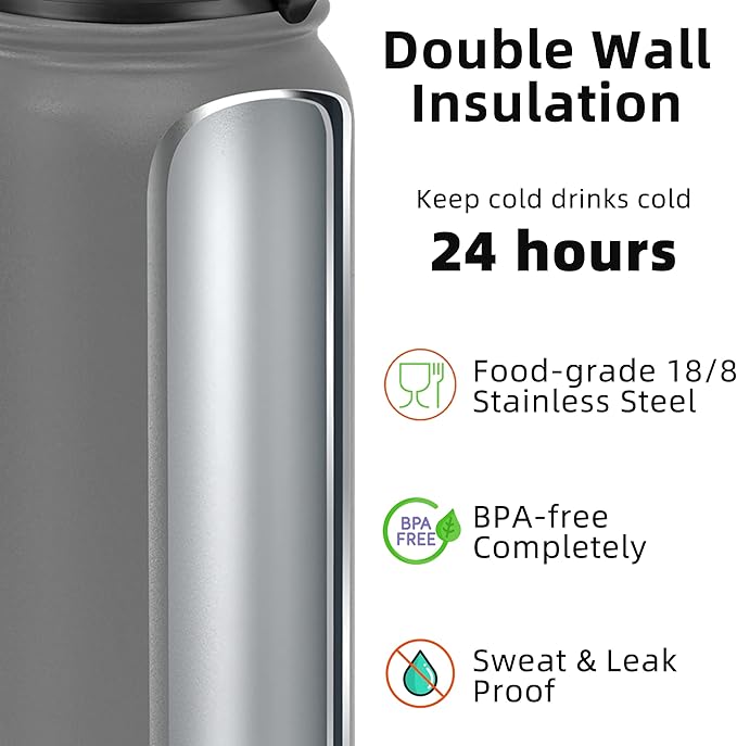 Fanhaw 20 oz Insulated Stainless Steel Water Bottle with Straw Lid, Leakproof & Anti-Dust Sports Bottle for Kids, Women & Men (Gray)