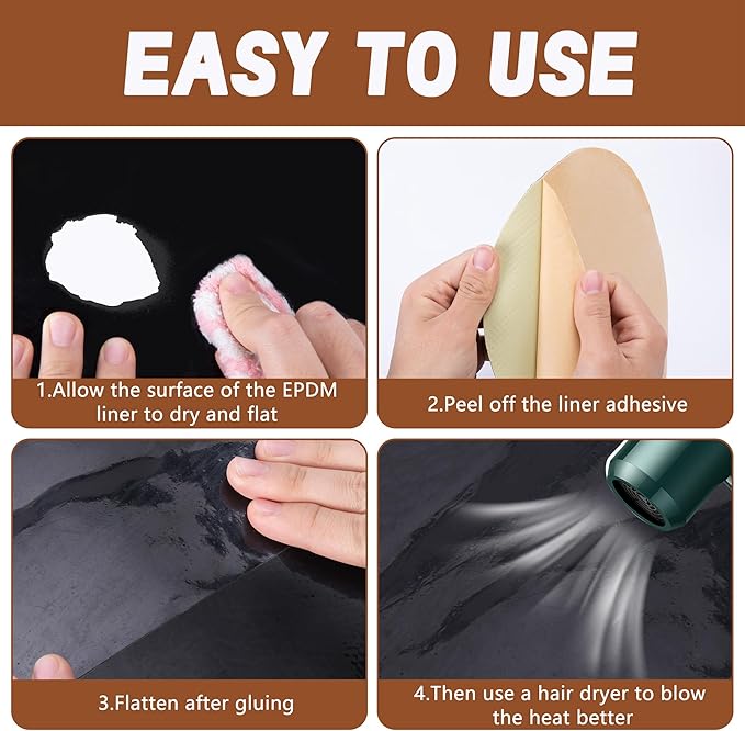 Adnee 2 Pcs Pond Liner Repair Patch-10 Inches Round Self-Adhesive EPDM Liner Repair Patch Kit-Thickened Rubber Pond Liner Seam for EPDM Garden Pond Patch Cover Repair