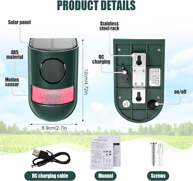 Qualirey Solar Sound and Light Alarm Motion Sensor 129db Outdoor Security Siren Waterproof Activated Detector Driveway Alarm 6 LEDs Flash Warning Deterrent Strobe System for Home, Farm(Green,4 Pack)